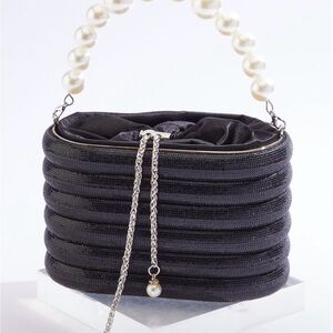 Elegant Black rhinestone embellished Handbag with Pearl Handle Basket handbag